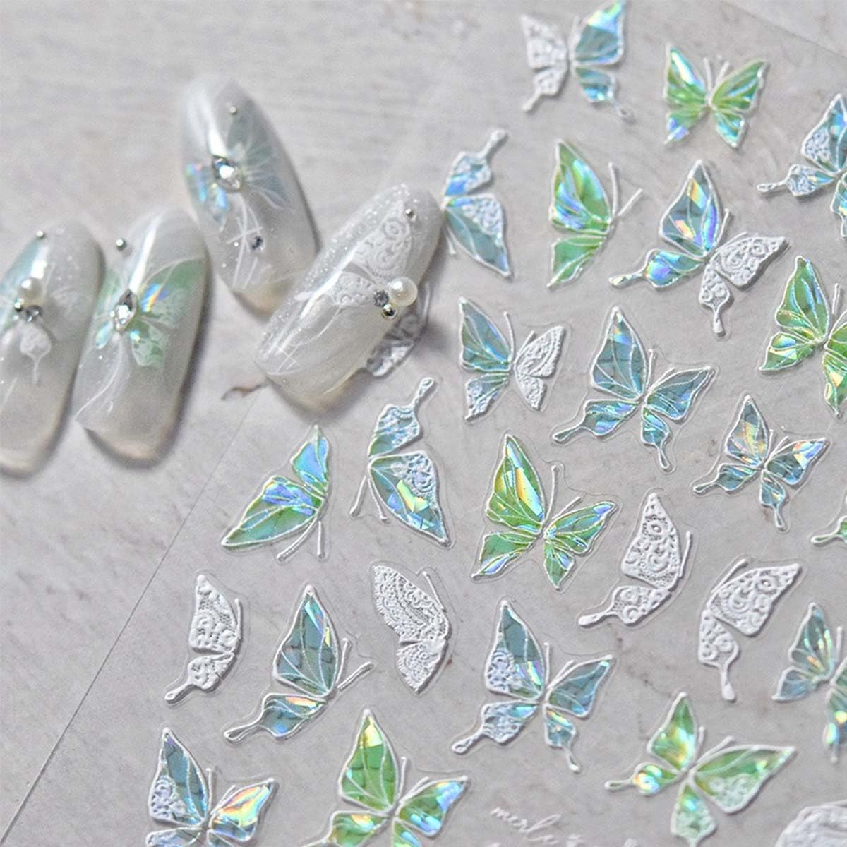 1Sheet Aurora Butterfly Nail Stickers 5D Embossed Butterfly Nails Art Decals Laser Butterflies Nails Designs Summer Nail Decals Cute Shiny Nail Sticker for Women Manicure Decoration