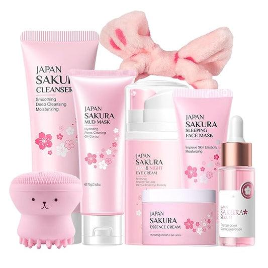 Japan Sakura Skincare Set Women Gifts - 8 Pcs Teenage Skin Care Set - Skin Care for Teens 10-12 - Skincare for Girls 10-12 - Teen Skin Care Kit with Face Mask,Cleanser,Cream,Headband