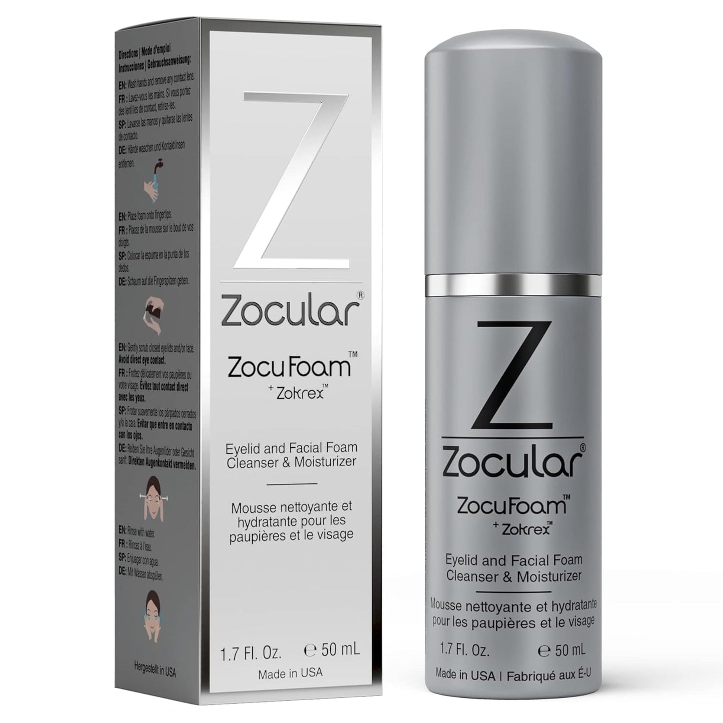 ZocuFoam Eyelid Cleanser - Foaming Eyelid Scrub - Natural pH Balanced Solution - 1.7 FL OZ (50mL)