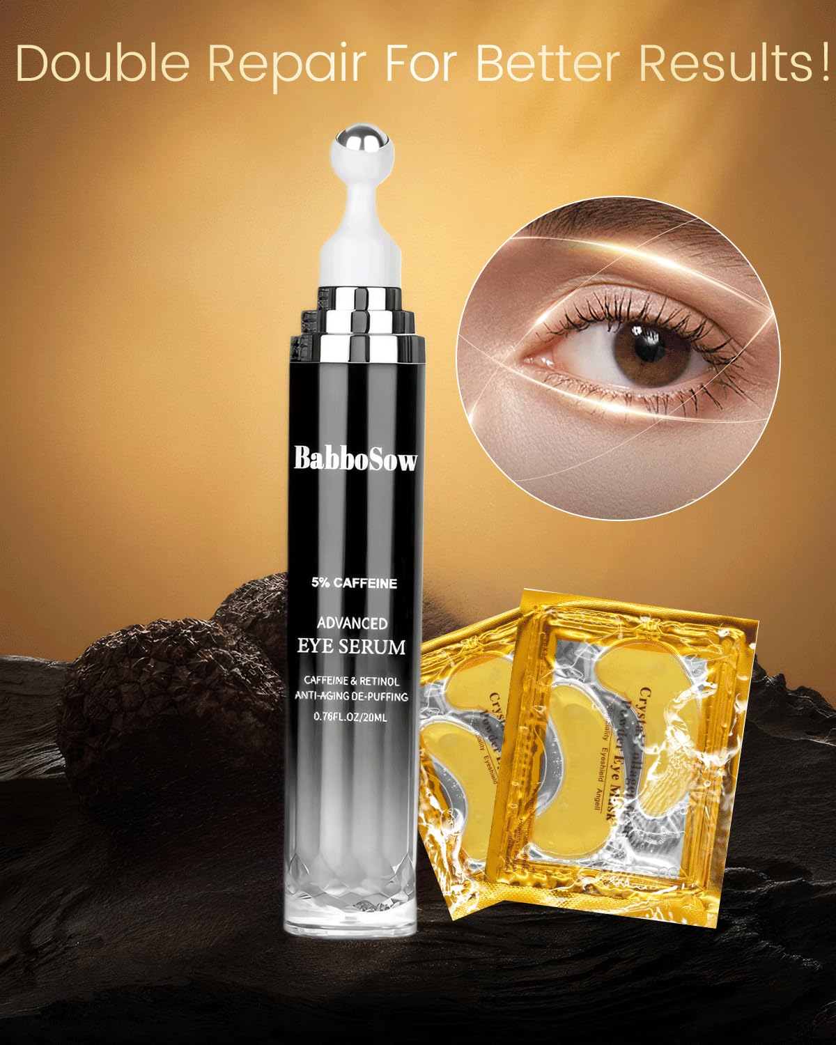 Caffeine Eye Cream and 24K Gold Eye Mask (20 pcs): Under Eye Serum for Dark Circles and Puffiness Eye Care Eye Serum Anti Aging with 360° Massage Ball Reduce Eye Bags, Wrinkles and Fine Lines