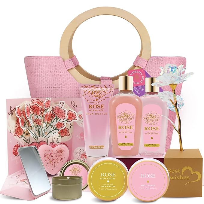 Spa Luxetique Gift Baskets for Women, Mothers Day Gifts for Mom, 11pcs Rose Sets, Relaxing Bath Sets for Women