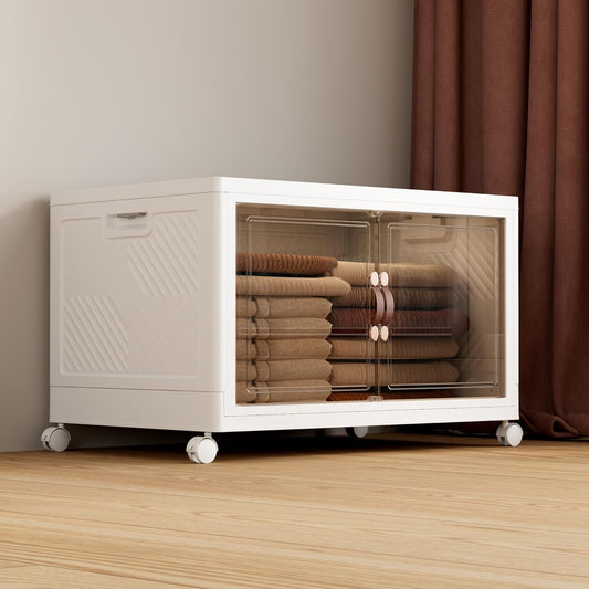 JOYMOOP Folding Storage Bins Organizer, 84 Quart Collapsible Storage Box with Wheels and Door, Stackble Plastic Storage Container for Clothing, Books and Sundries (XXL, 21 Gal, 1 Tier)