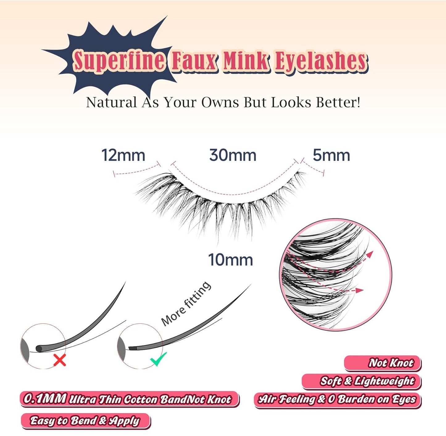 Cat Eyelashes Natural Eye Lashes 12mm False Lashes Wispy Thin Band 3D Volume Fake Eyelash C Curl Lash Pack Natural Look 7 Pair