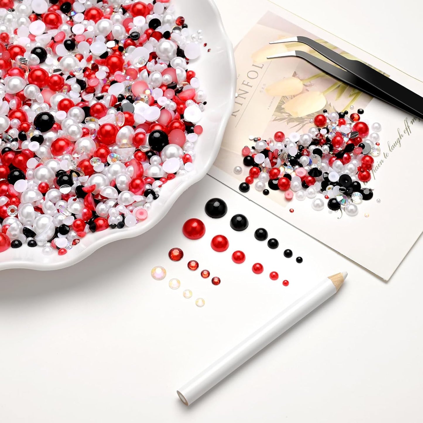 80g Mix Flatback Pearls and Rhinestones for Crafts Red Black and White Mixed Size 2mm-10mm Half Round Pearls Rhinestones for Nail Art Tumblers Shoes DIY Bedazzling with Tweezers Wax Pen