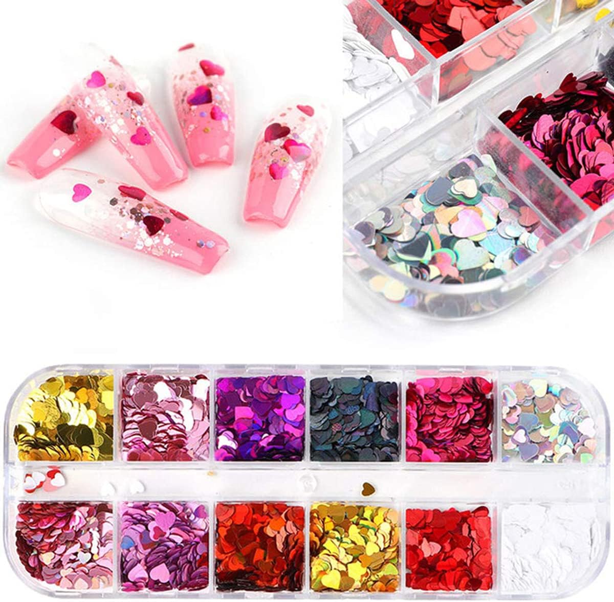 3D Heart Nail Glitter Sequins Heart Nail Art Stickers Decals Nail Art Supplies Heart Glitter nail Flakes Holographic Confetti Nail Glitters for Acrylic Nails Designs Makeup DIY Decoration