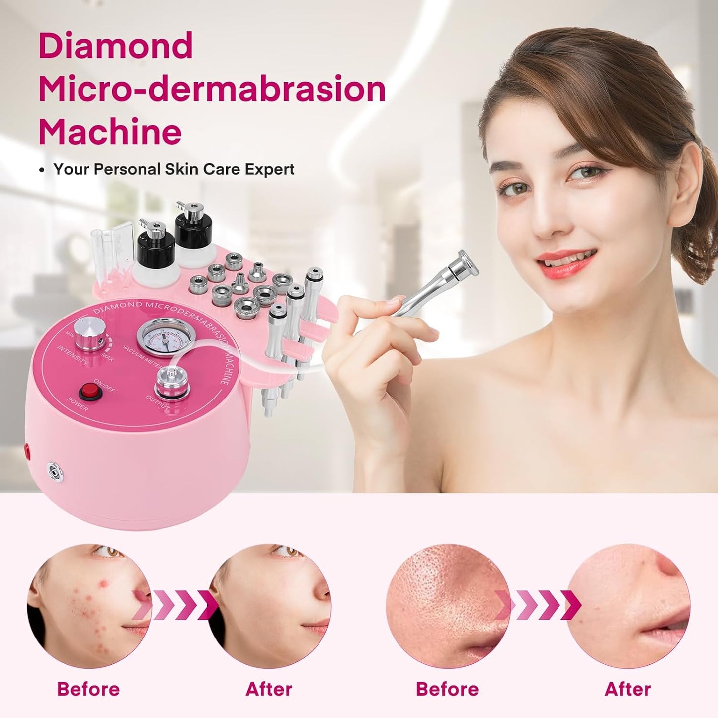 Diamond Micro-Dermabrasion Machine, Yofuly 3 in 1 Professional Dermabrasion Facial Machine with Two Spray Bottle and Vacuum Tube, Exfoliation Skin Care Face Beauty Device for Salon Spa Home Use, Pink