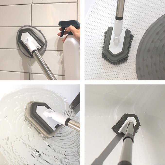 Floor Scrub Brush, 5 in 1 Tile Tub Scrubber with 56" Adjustable Long Handle and 5 No Scratch Scrubber Heads for Bathroom, Kitchen, Toilet, Bathtub