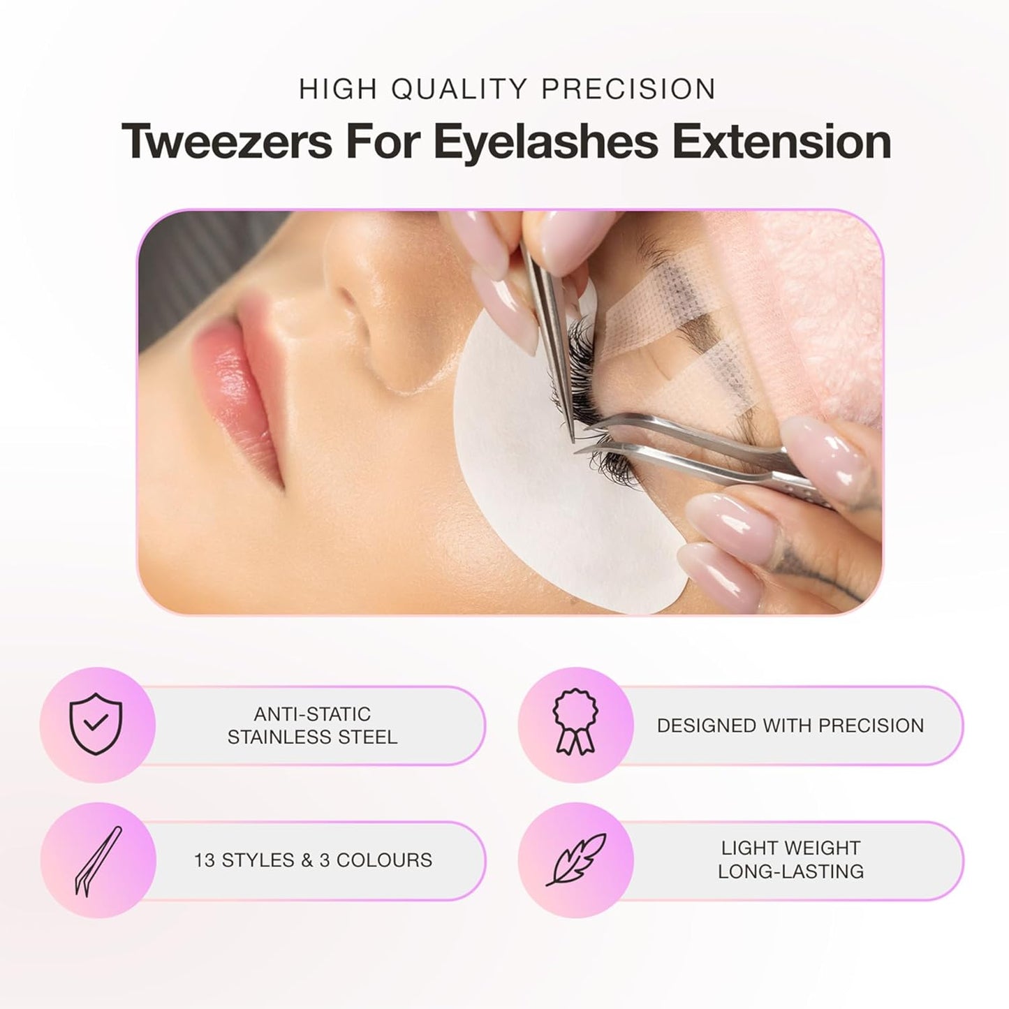 Curacoro Lash Tweezer - Professional & Precision Fiber Tip Grip Lash Tweezers for Eyelash Extensions, Multi Shapes & Purposes Tweezers for Volume, Isolation & Classic Lashes (Silver, Girl Boss)