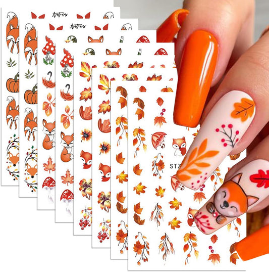 8Sheets Thanksgiving Nail Stickers Autumn Nail Art Stickers Maple Leaves Nail Decals Red Orange Leaf Fox Pumpkin Nut Flower Design 3D Self Adhesive Stickers for Nail Women Decor Manicure Supplies