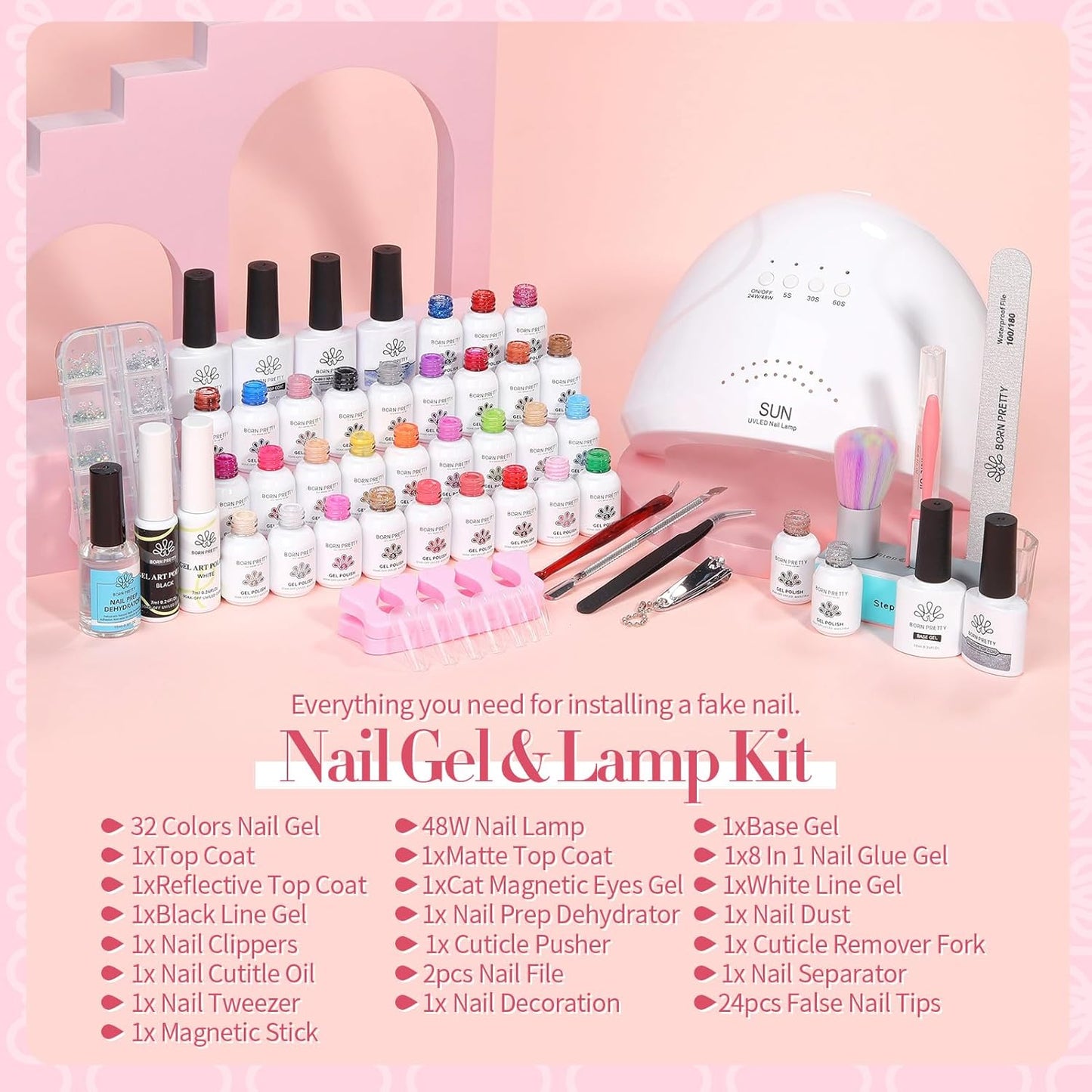BORN PRETTY 77PCS Gel Nail Polish Starter Kit With U V/LED kit for Beginners 48W 32Colors Nude Pink Cat Magnetic Eyes Glitter Set Reflective Base Top Coat Liner Art Manicure Ideal Gifts