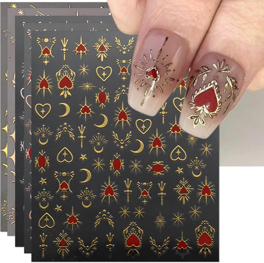 9 Sheets Gold Heart Nail Art Stickers - Valentines Day Self-Adhesive 3D Nail Decals for DIY Golden Silvery Manicure