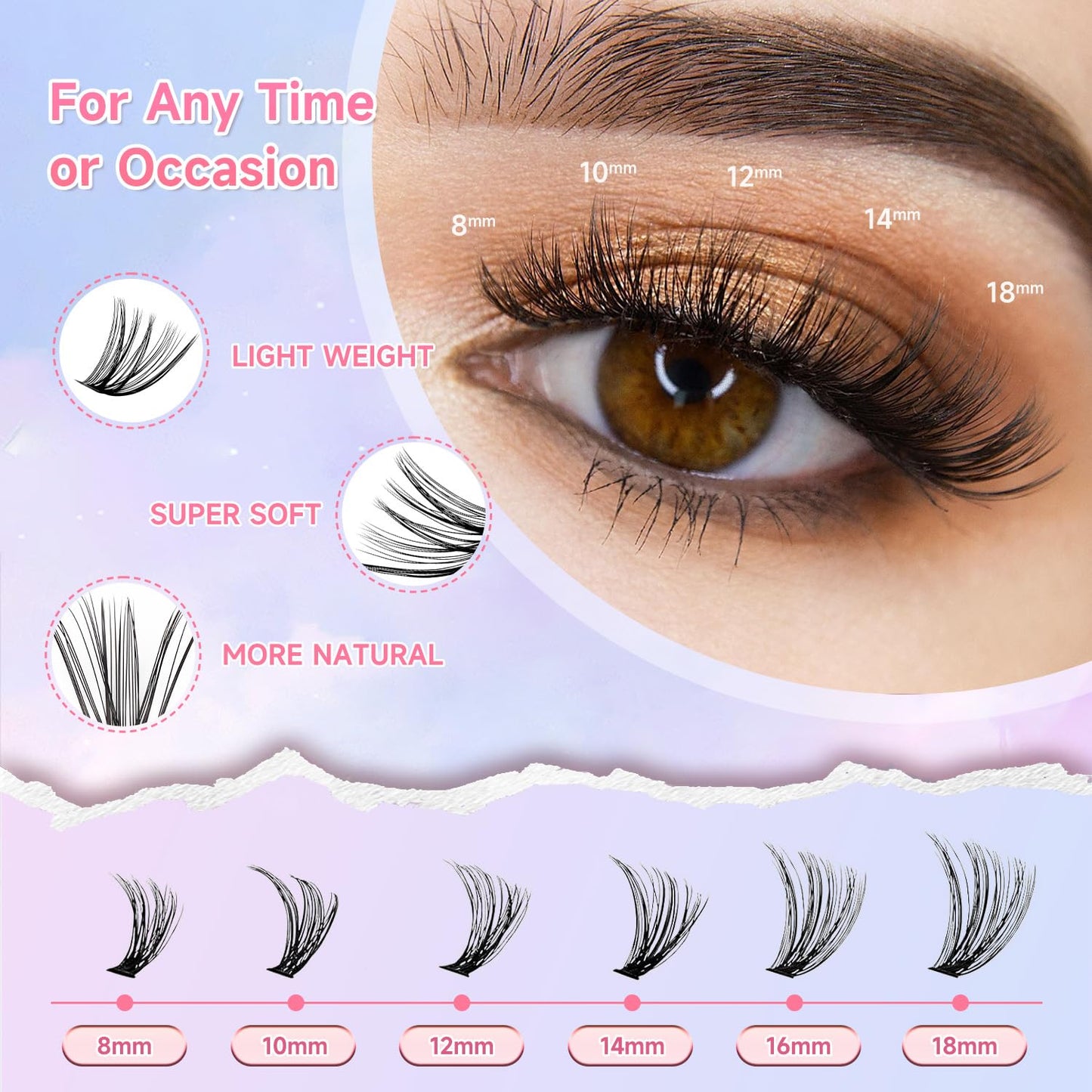 Lash Extension Kit DIY 240pcs Lash Clusters Eyelash Extension Kit, 8-16mm 40D 50D Individual Lashes Kit with Lash Bond and Seal, Lash Tweezers for Self Use (40D&50D, 0.07D, 8-16mm, Kit)