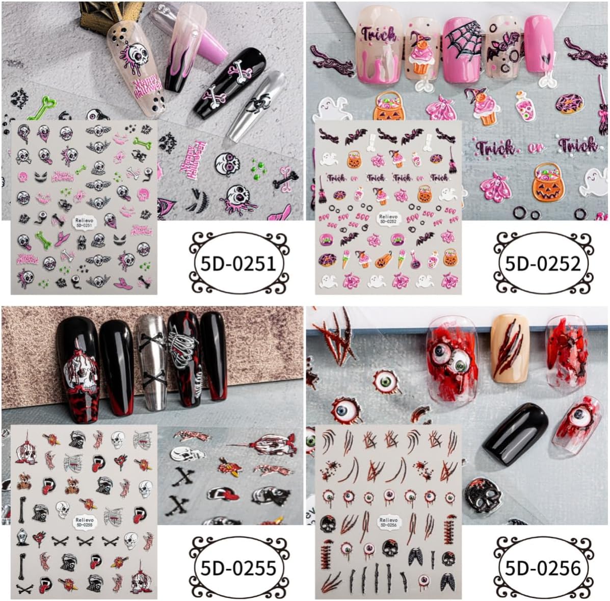 9 Sheets Halloween Nail Art Stickers 5D Embossed Nail Decals Ghost Pumpkin Bat Cat Skull Spider Web Gothic Nail Supplies for Women Girls DIY Nail Decorations