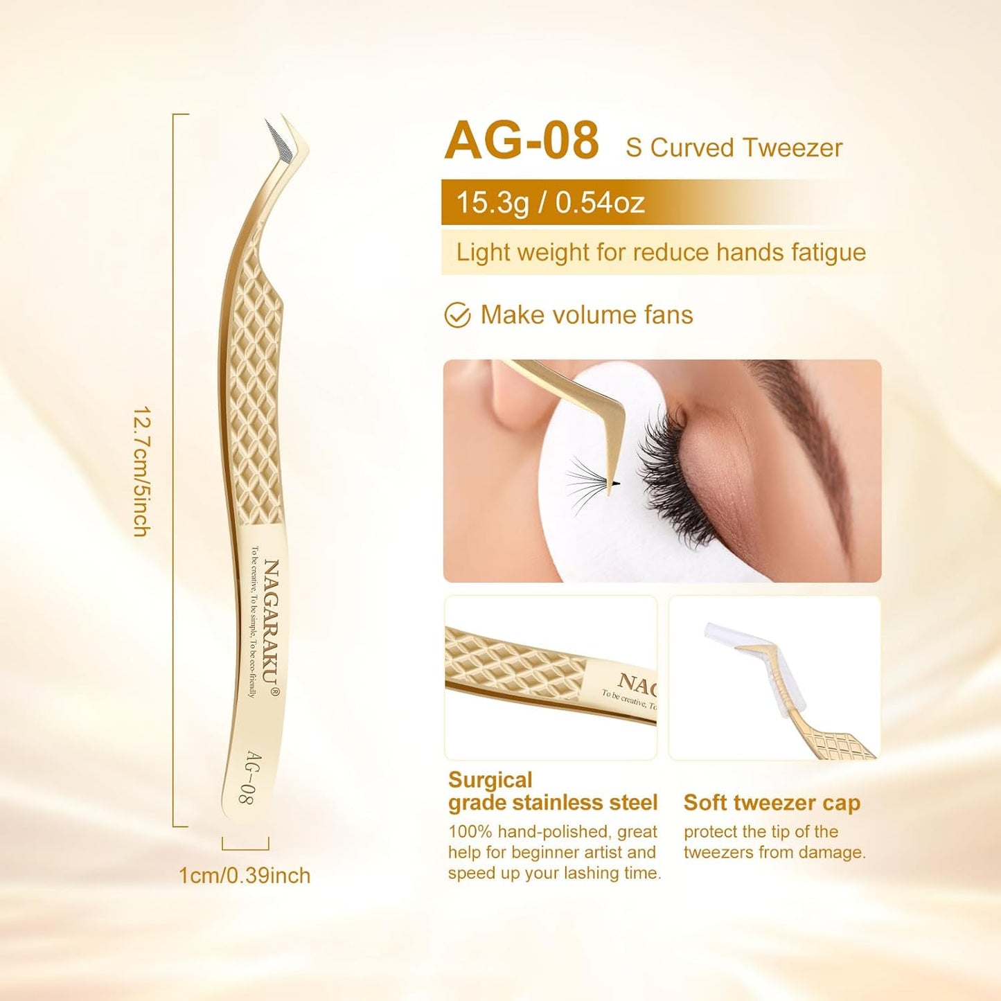 NAGARAKU Precision Fiber Tip Tweezer for Eyelash Extensions Diamond Grip Anti-Static Anti-Slip Premium Stainless Steel Pointed Volume Eyelashes Tweezers Supplies with Box(S Curved Tip Tweezer AG-08)