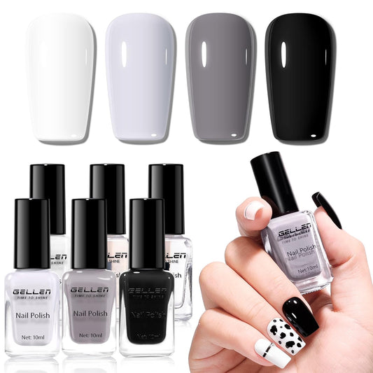 Gellen 4 Colors Black White Gray Nail Polish Set & Base Top Coat, Fall Winter Trendy Winter Black White Grey Regular Nail Polish Quick Air Dry Set for Women DIY Nails Home Salon, Hema Free, Toxin Free