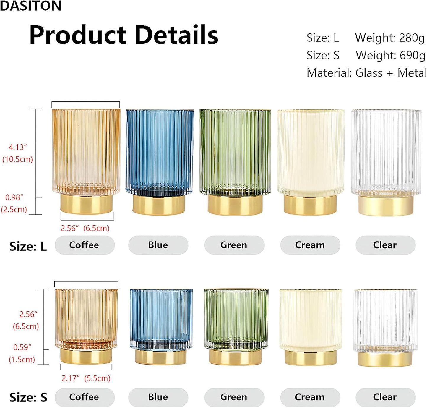 DASITON Makeup Brush holder Organizer,Crystal Cosmetic Makeup Brush Glass Brushes Storage Holder, Vintage Make Up Brush Cup Pen Pencil Holder striped vase(Coffee S＋L)