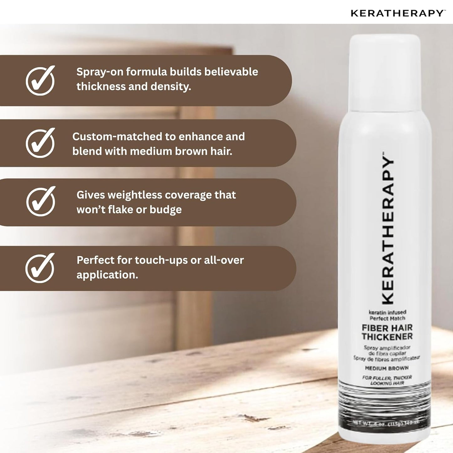 Keratherapy Keratin Infused Perfect Match Fiber Hair Thickener Spray, Medium Brown, 4 fl. oz., 140 ml - Volumizing, Thickening, & Concealing Hairspray for Scalp Coverage, Roots & Thinning Areas