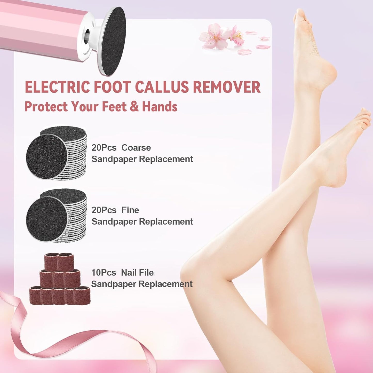 Electric Foot File 2-in-1 Foot Callus Remover with 50pcs Sandpaper Discs, Callus Remover for Feet Professional Pedicure Tool for Dead Skin and Calluses 9 Adjustable Speed/Reversible Rotation - Pink