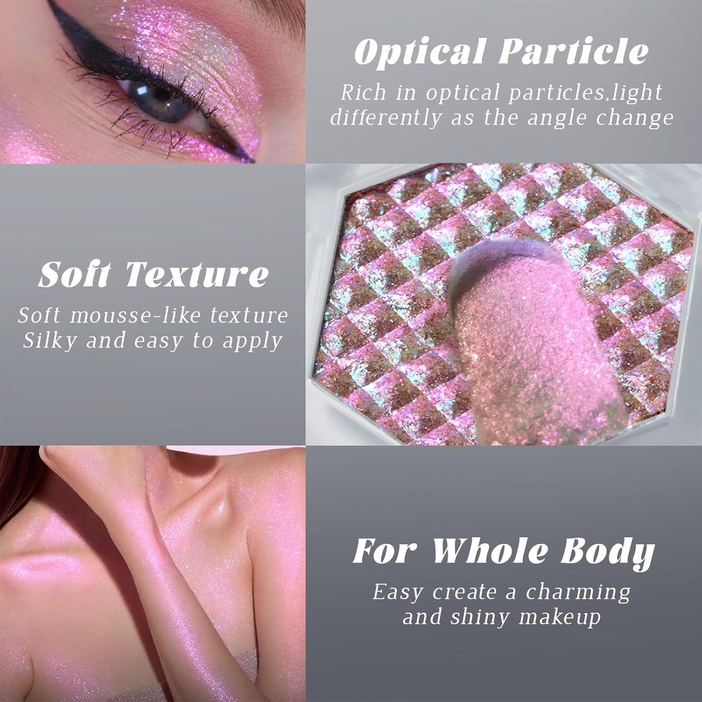 Chameleon Mermaid Pink Glitter Eyeshadow, Cream to Powder Shimmer Multichrome Single Eyeshadow, Sparkling Holographic Color Shifting Eye Brightener Highlighter Makeup Palette 02