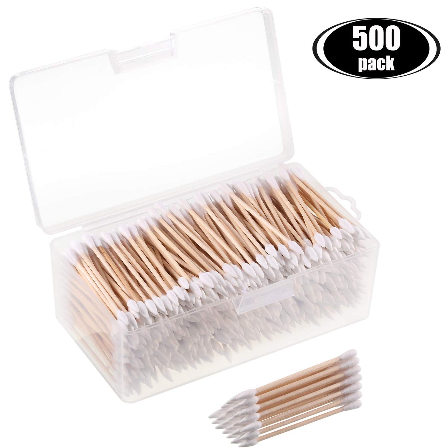 Norme 500 Pcs 3 Inch Gun Cleaning Swabs Long Cotton Swabs in Storage Box Long Pointed and Round Tip with Wooden Handle Buds for Makeup Baby Pet Care