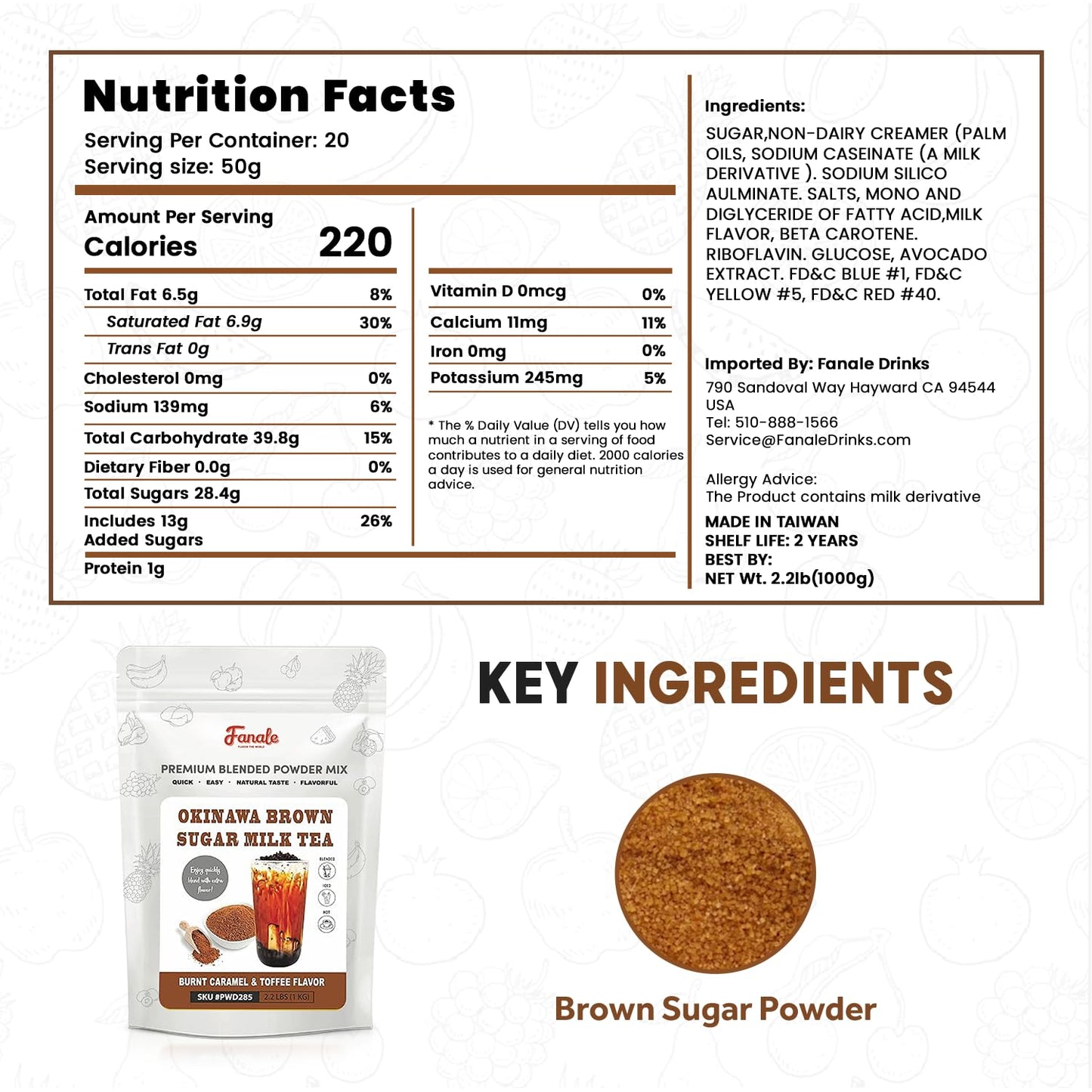 Fanale Premium Okinawa Brown Sugar Bubble Tea Flavoring Powder | Perfect for Baking, Smoothies, Desserts and Drinks | Instant Flavoring Powder for Boba Milk Tea - 2.2 Pounds (Pack of 20).