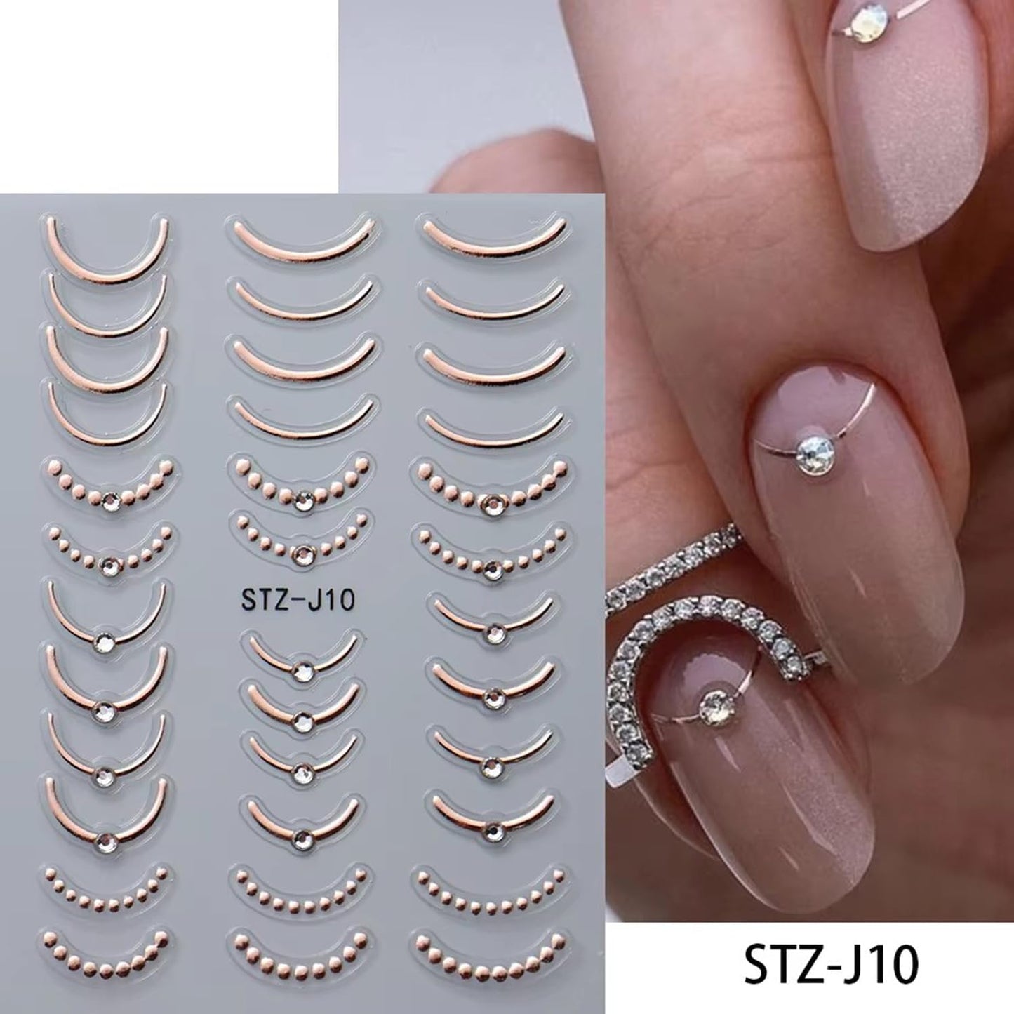 4 Sheets French Tip Nail Art Stickers Luxury Crystal Rhinestones with Stripe Lines French Gold Silver Rose Black Design 3D Nail Supplies for Women Girls DIY Manicure Art Accessories Metallic Set