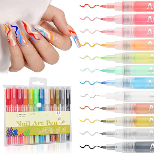 EBANKU 12 Colors Nail Art Pens Set Nail Polish Pens Quick Drying 0.7MM 3D Acrylic Paint Pens Clear Handle Point Liner Pen Drawing Painting Tool for Home DIY Nail Art Design (Set A)