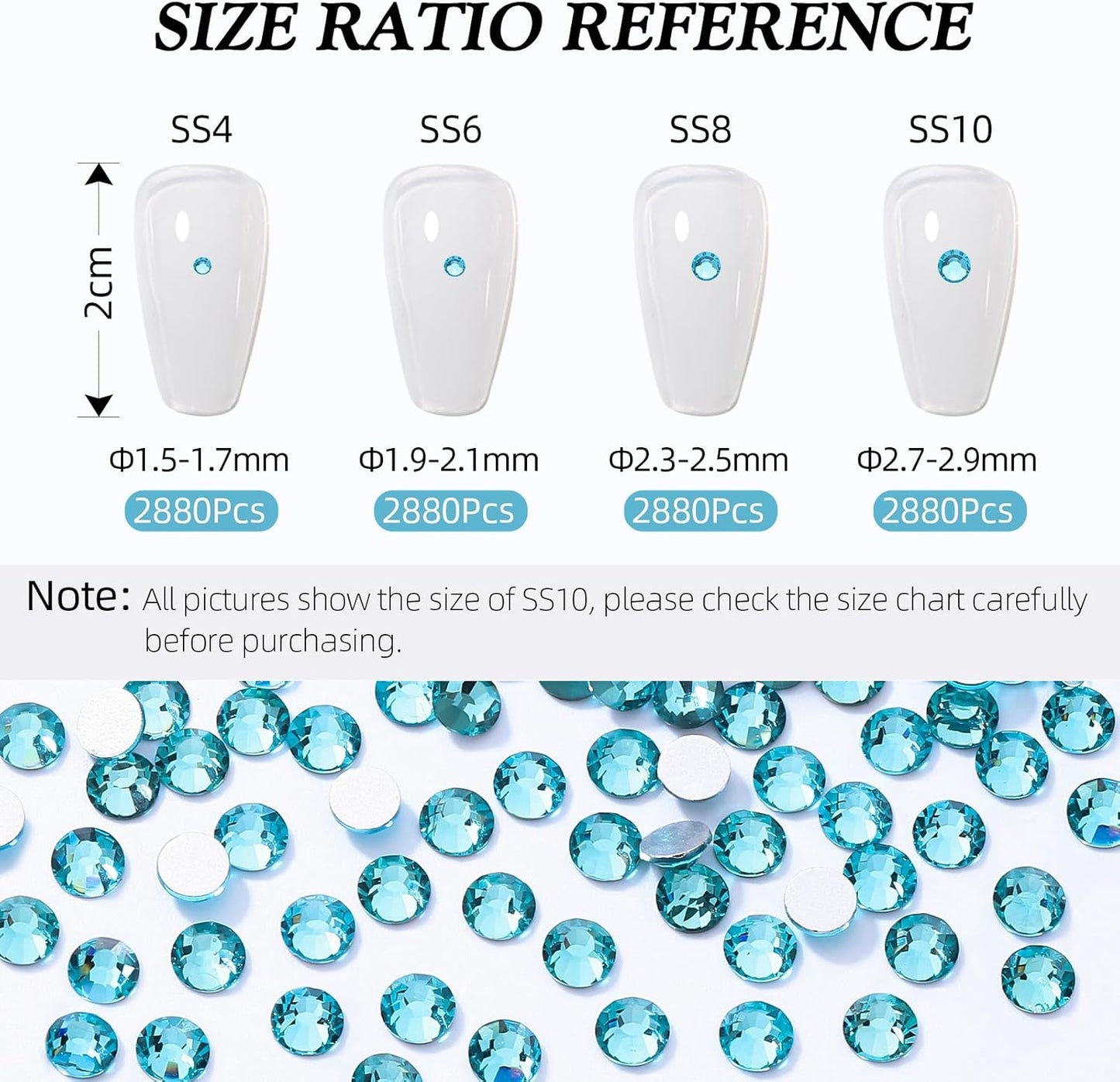 Aquamarine Flatback Rhinestones, Glass Rhinestones for Nail Art and Craft, Glue Fix, Loose Crystal Gemstones(Aquamarine, SS8, 2880pcs, 2.3-2.5mm)