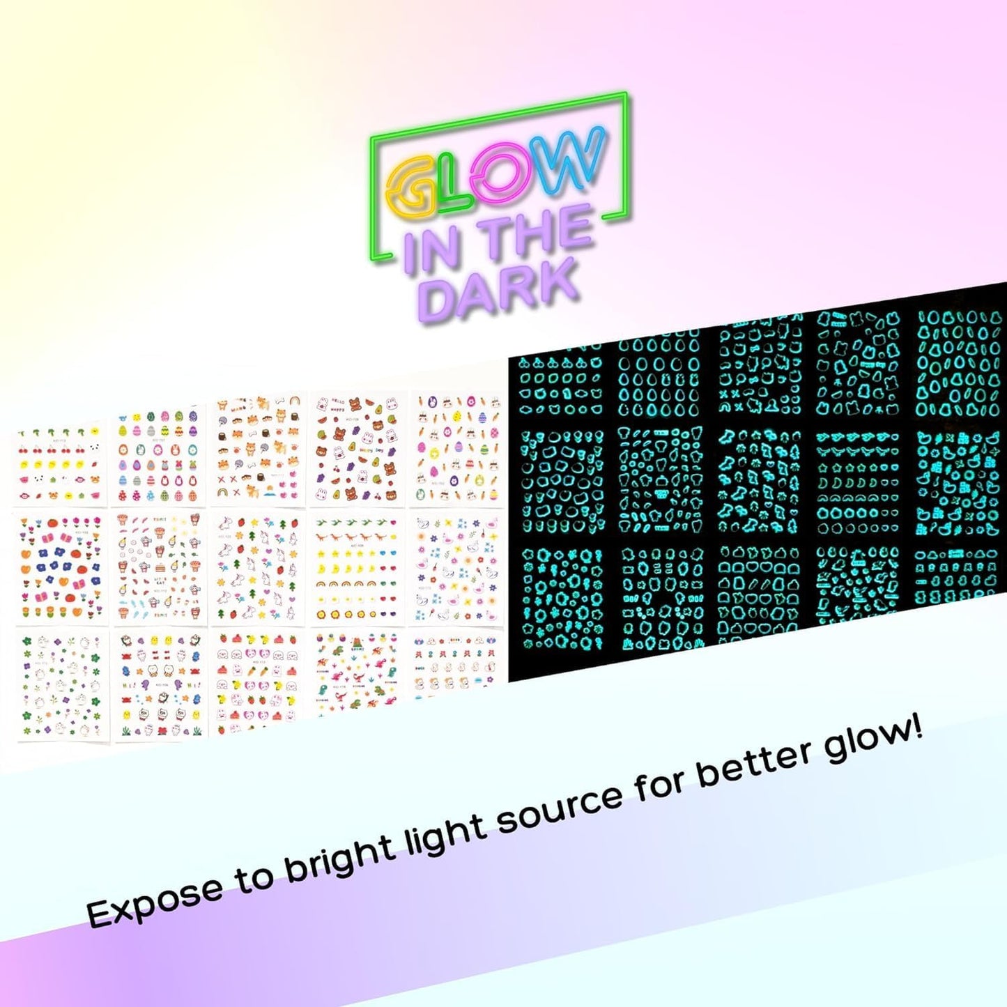 15 Sheets of Nail Stickers for Kids - 735 Cute Nail Stickers - Nail Decals for Girls - Flower, Bunny, Unicorn, Bear, Fruits | Glow in The Dark