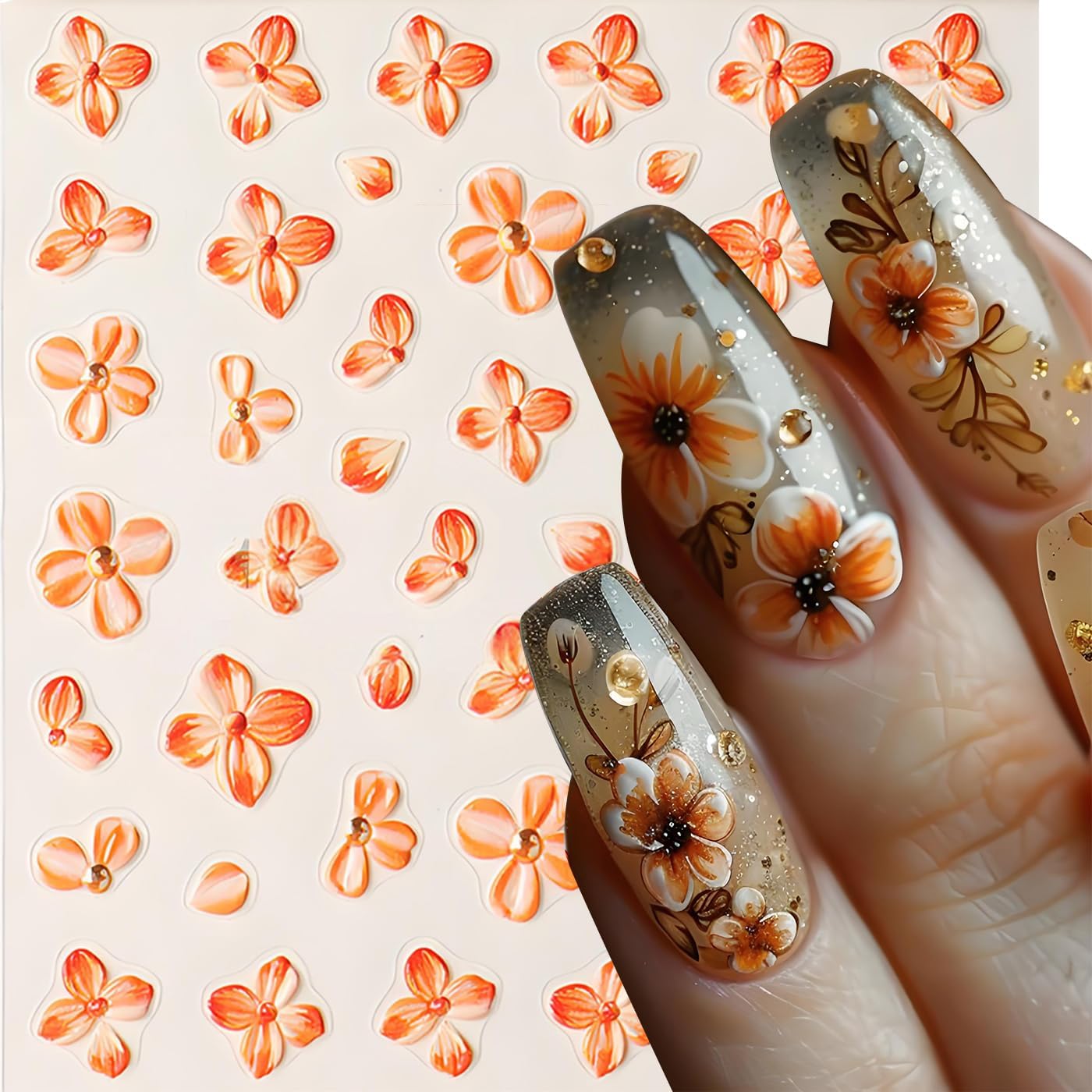 Fall Flowers Nail Art Stickers, Fall Gradient Orange Flower Nail Decals 5d Embossed Small Yellow Flower 2Pcs Nail Art Supplies for Women Nail Decoration