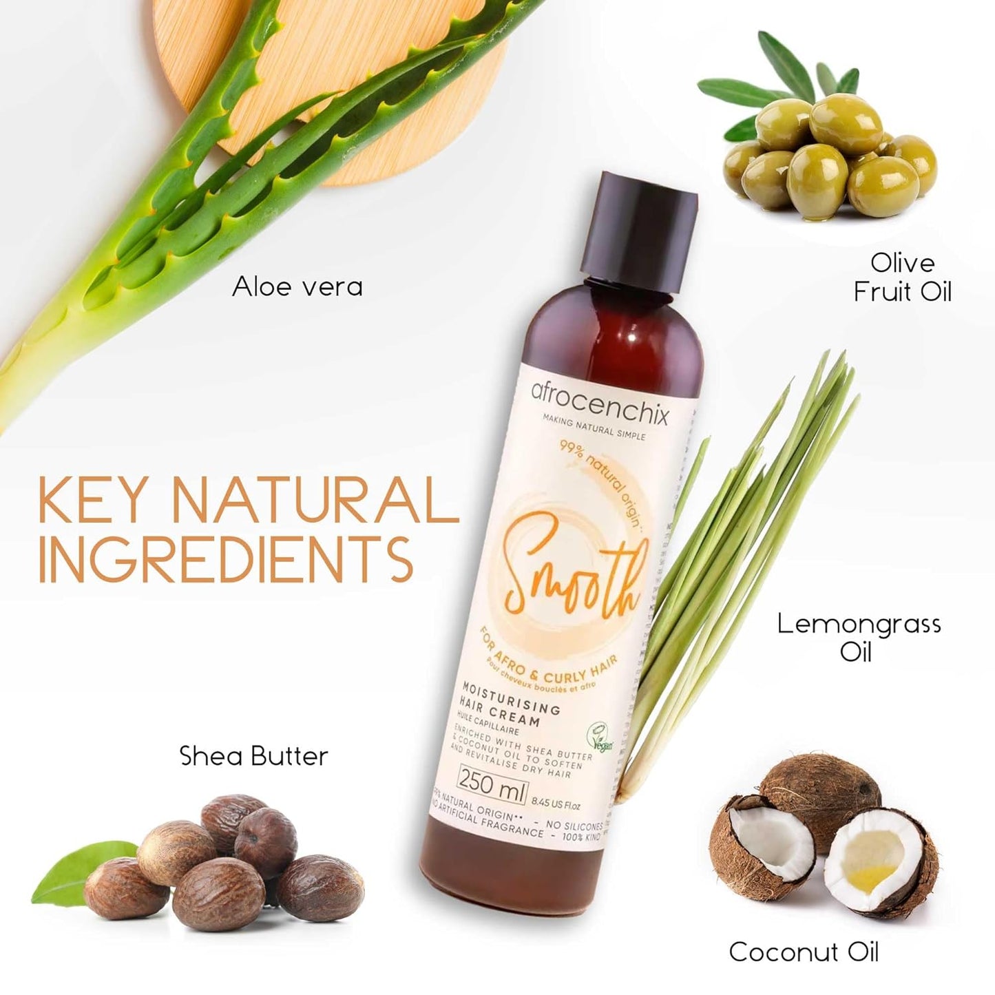 Afrocenchix Smooth Curl Cream – Natural Styling Cream for Afro & Curly Hair – Defines Curls, Adds Shine & Moisture – With Shea Butter, Coconut Oil & Aloe Vera – Vegan, 250ml (9oz)