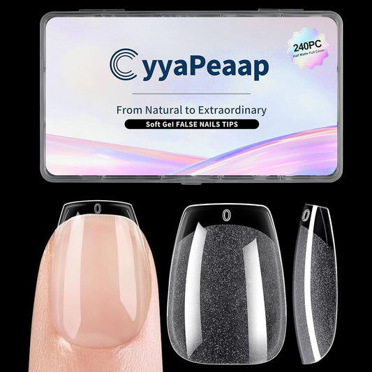 Extra Short Coffin Nail Tips, 240Pcs Soft Gel Nails, Half Matte Full Cover False Nail Tips for Nail Extension, Manicure, Home DIY, Salon, 12 Sizes, Pre-Shaped Acrylic Gelly Nails
