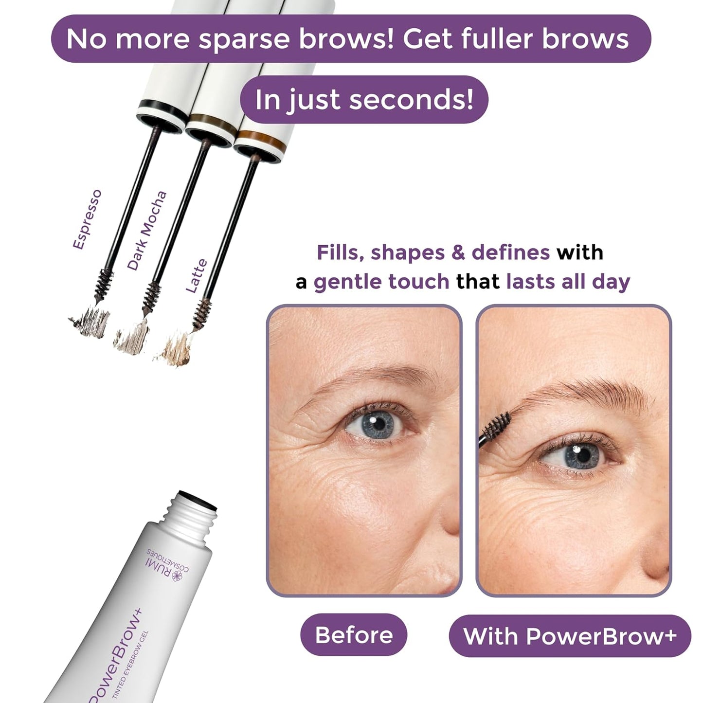 PowerBrow+ Tinted Eyebrow Gel For Older Women - Defines, Fills, Thickens Brows - 2-in-1 Formula - Natural Color, Quick Fixing, Long-Lasting - Hypoallergenic Light Brown (Latte)