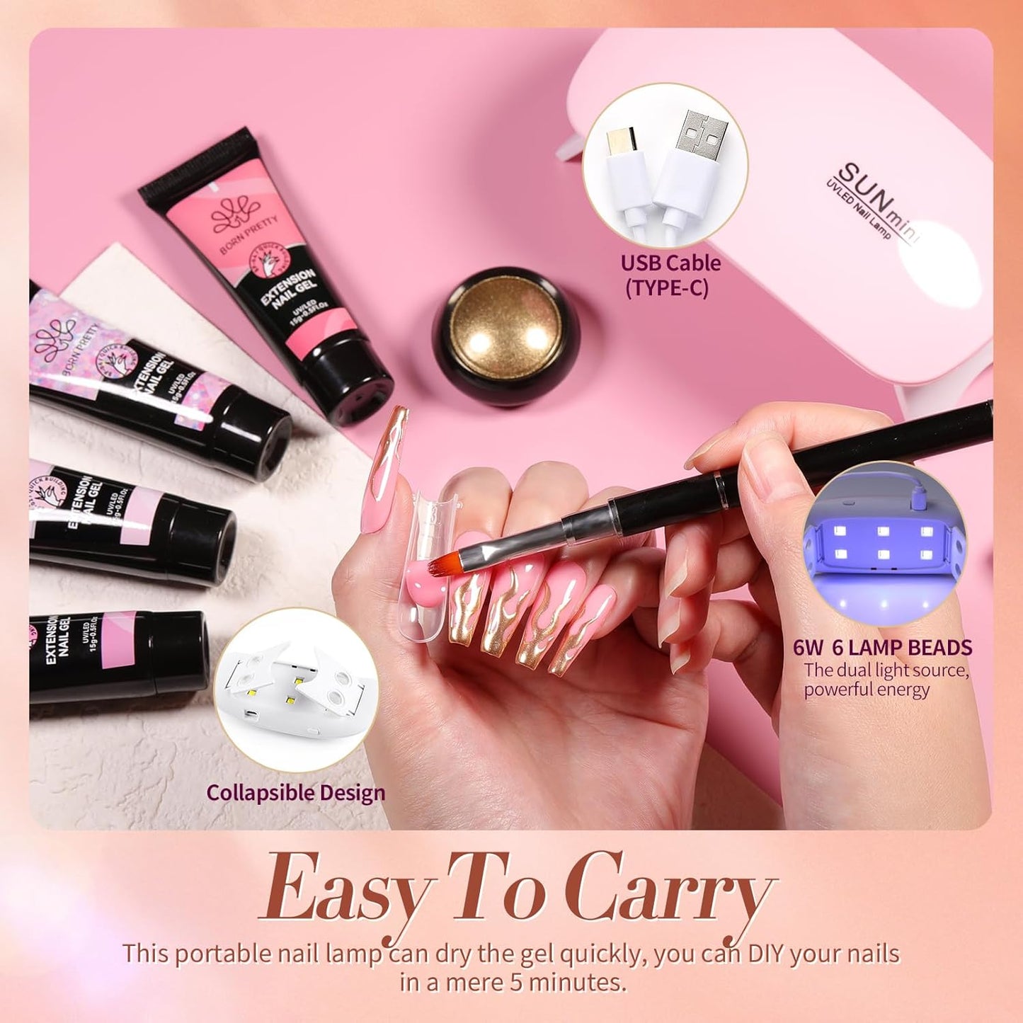 BORN PRETTY Poly Extension Gel Kit-12 Colors Extension Nail Gel Kit Nude Clear Jelly Pink All-In-1 Kit Builder Glue with Nail Lamp Base Top Coat Set Nail Forms French Manicure Ideal Gifts