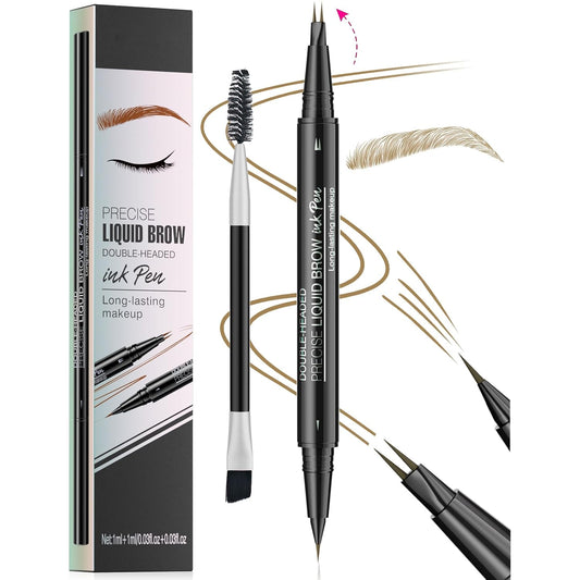 Curved Microblading Eyebrow Pencil, Eyebrow Pen 2-in-1 Dual-Ended Eyebrow Pencil with 2-Fork-Tip and Single Tip Creates Natural Eyebrows Waterproof Long-lasting(Light Brown)