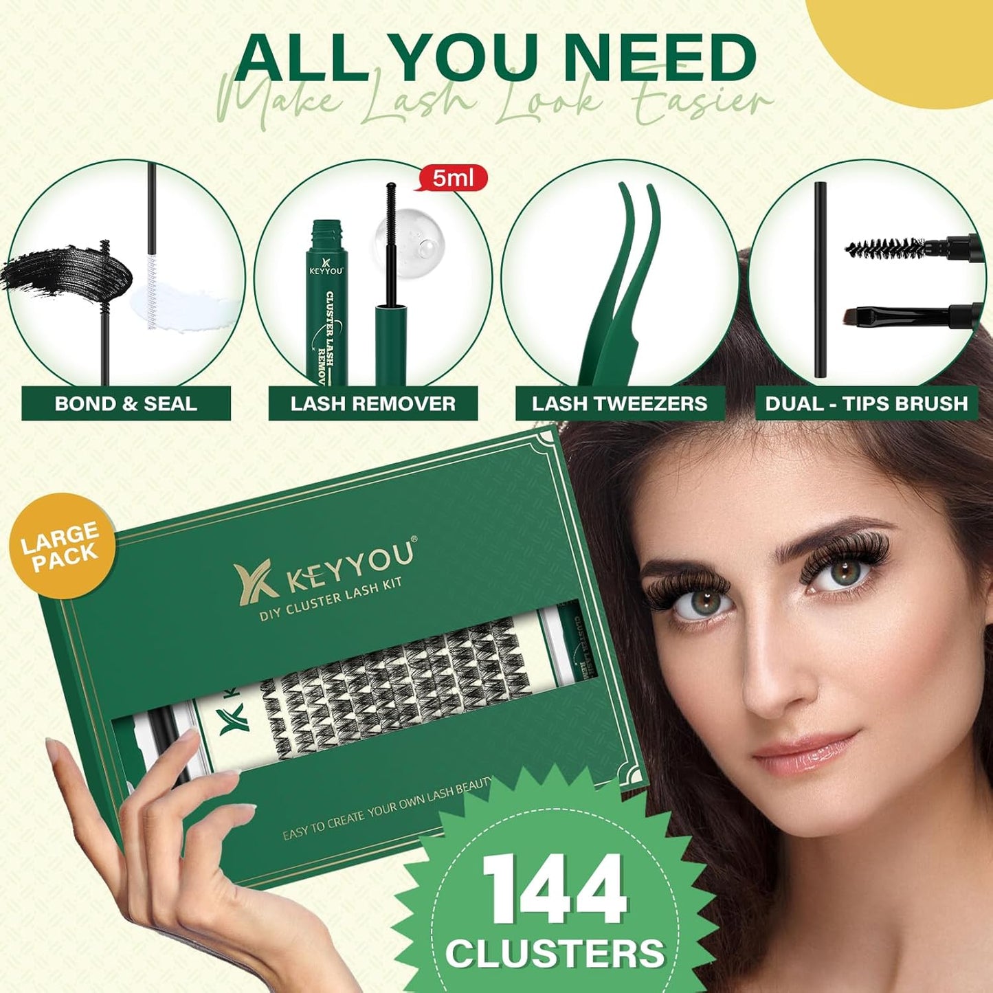 DIY Lash Extension Kit KEYYOU 144pcs Lash Clusters Eyelash Extension Kit with Mascara Brush Bond and Seal Lash Glue Remover Lash Applicators Lash Brush for DIY Lash Extensions (Y01 Kit)