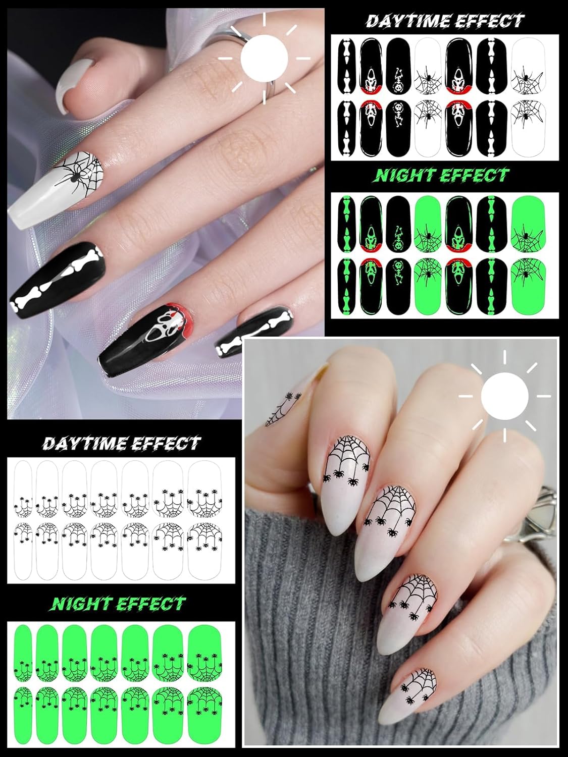 EBANKU 14 Sheets Halloween Full Wrap Adhesive Nail Polish Stickers Glow in The Dark, Cute Ghost Bats Spider Webs Skeleton Nail Strips Wraps with Nail File for Party Decor