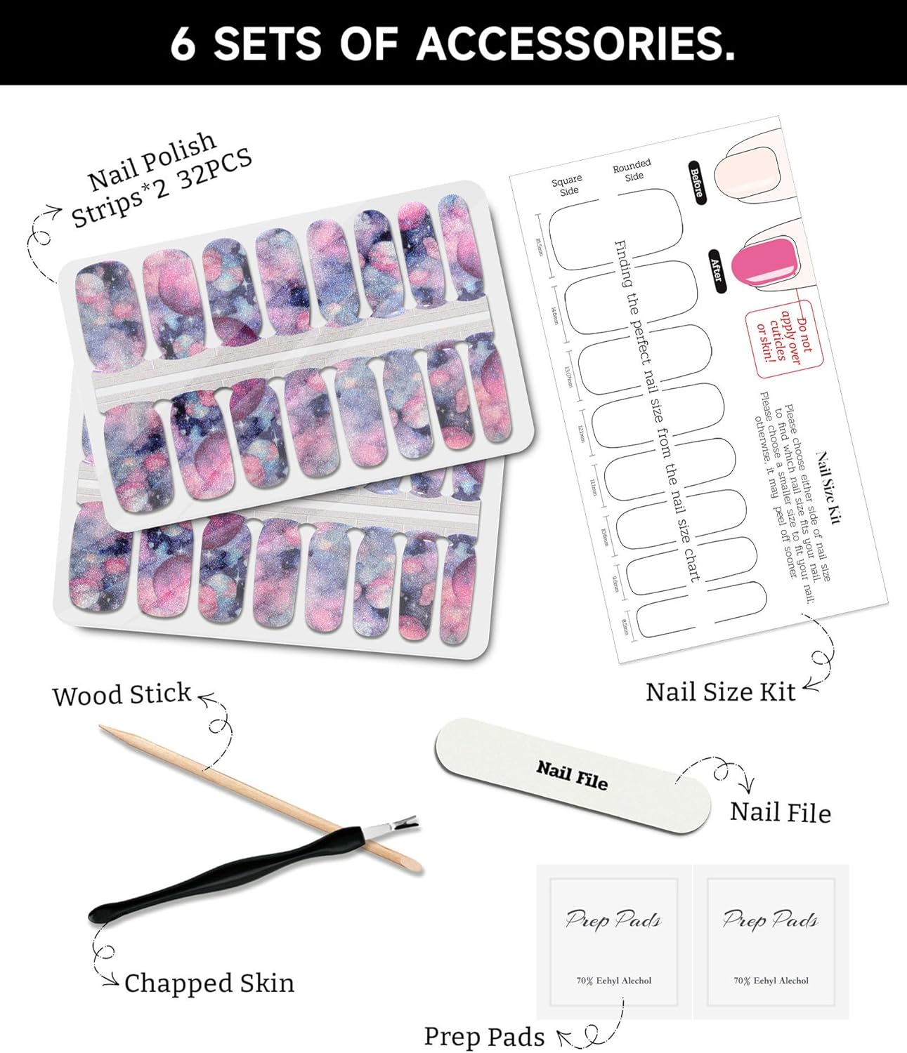 Glitter Nail Polish Strips, 32 Pcs Salon Quality Gel Nail Stickers, Long Lasting Wraps Easy to Use & Remove (Blue and Pink Planet)