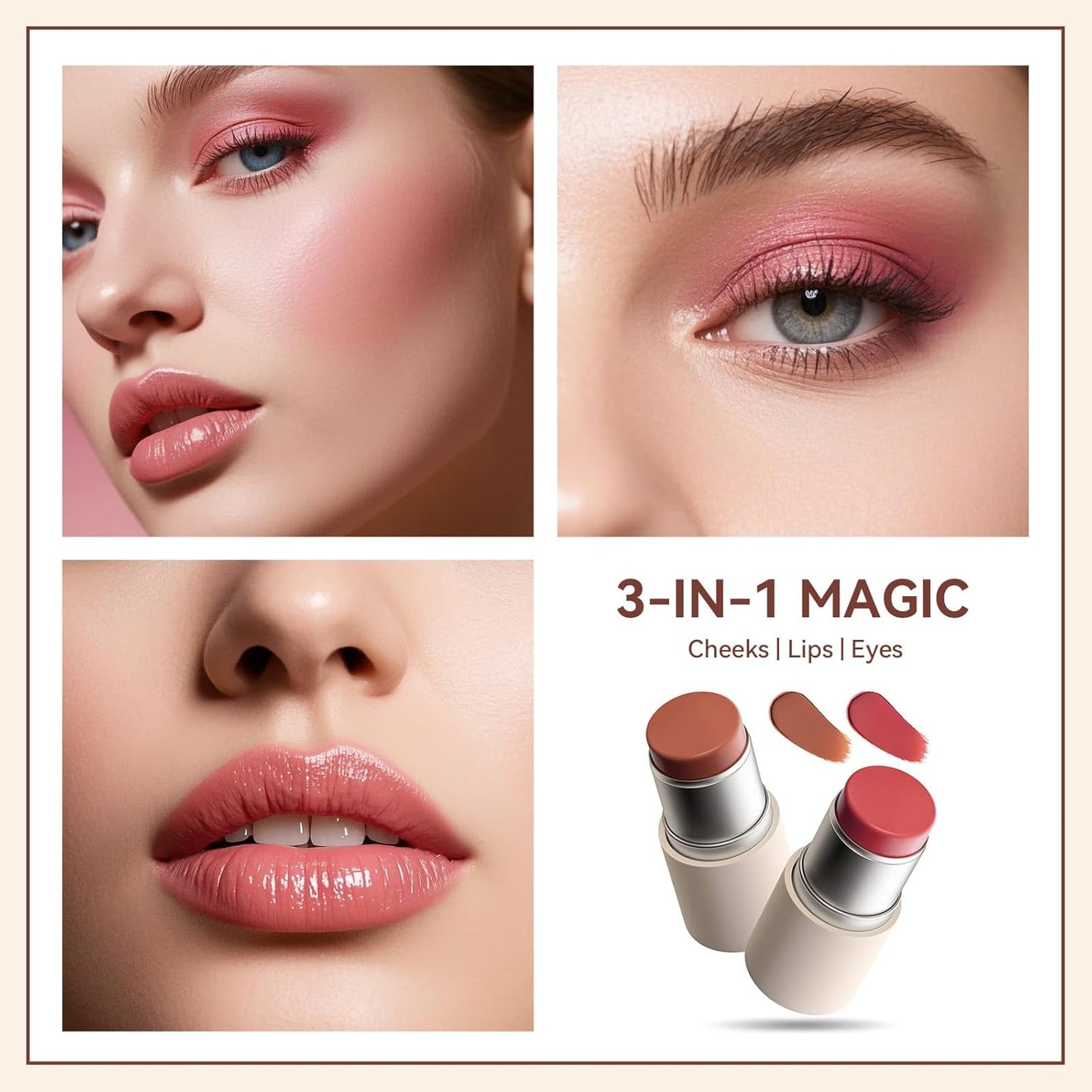MAANGE Multi-Use Blush Stick, All-in-One Cream Blush for Cheeks, Eyes & Lips Long-Wearing, Blendable Makeup Blush Stick, Creamy & Buildable (B201+R302)