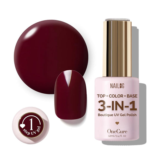 NAILOG One Step Dark Red Gel Nail Polish 12ml Top Coat Color Gel Base 3-In-1 Formula Soak Off UV Gel Polish for Home DIY & Gifting | Deep Plum Red