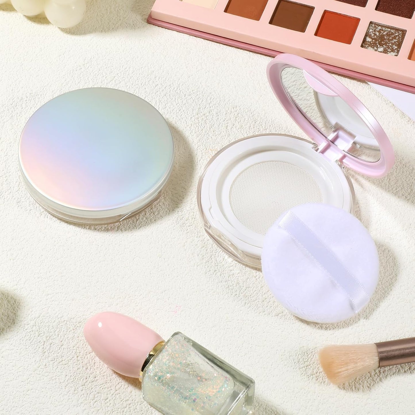 2 PCS Loose Powder Containers with Puff, 0.18oz Travel Powder Container Reusable Empty Makeup Containers Compact Mini Powder-Puff and Container with Mirror and Elasticated Net Sifter for Women Girls