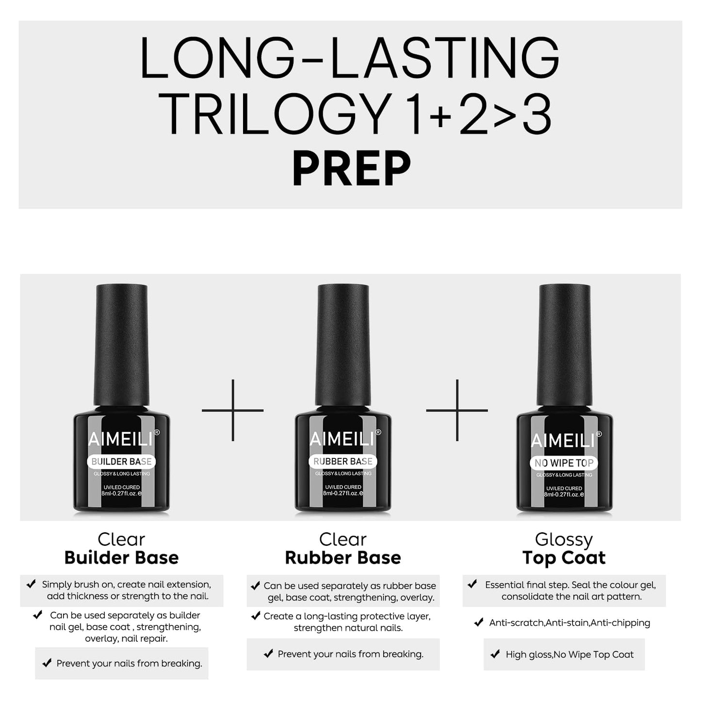 AIMEILI Builder Nail Gel Rubber Base Top Coat Kit 3pcs, Hema Free, Cruelty Free, Vegan, Clear High Gloss Gel Nail Polish Long Lasting Nail Art