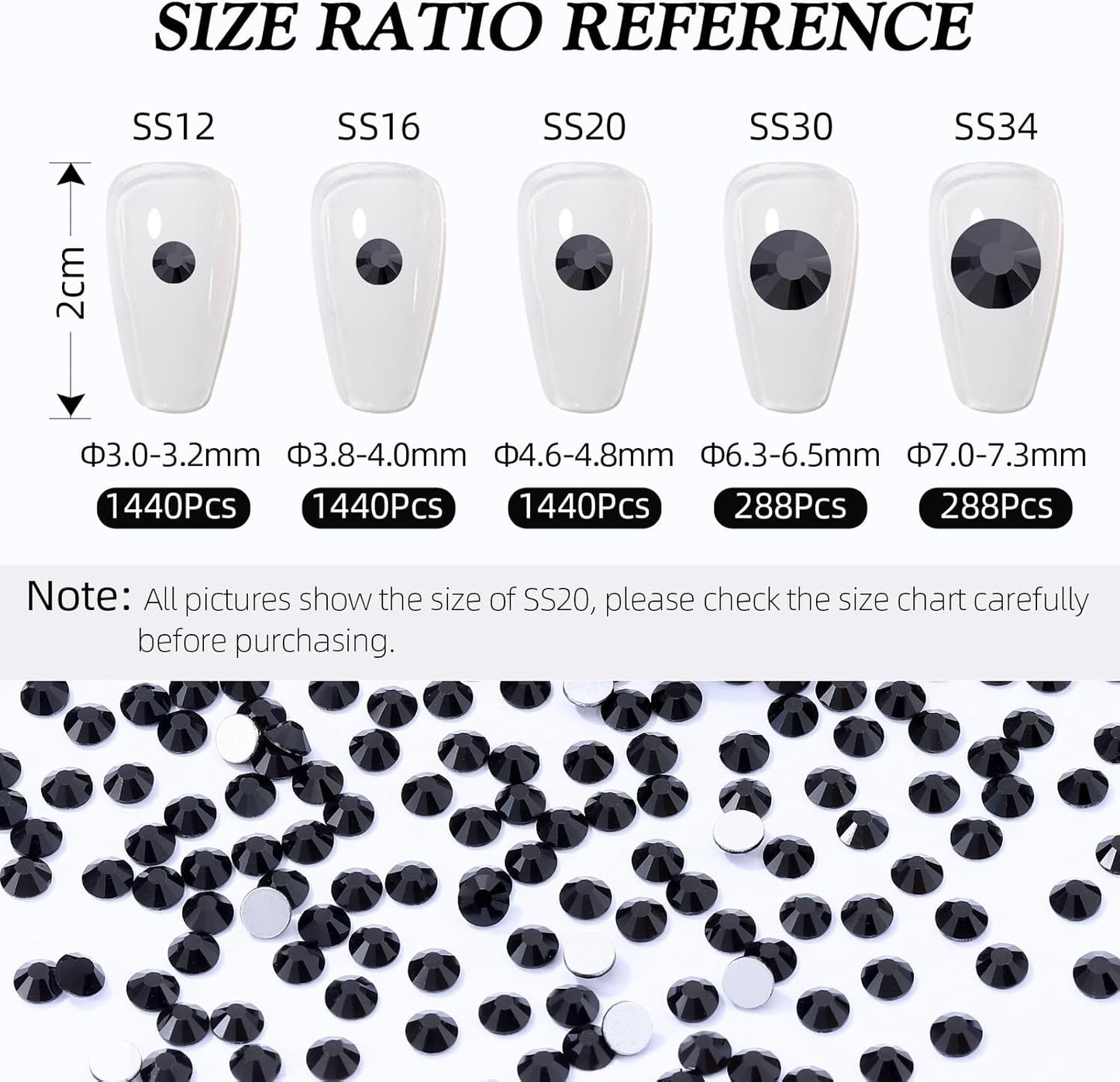 Black Flatback Rhinestones, Glass Rhinestones for Nail Art and Craft, Glue Fix, Loose Crystal Gemstones(Black, SS34, 288pcs, 7.1-7.3mm)