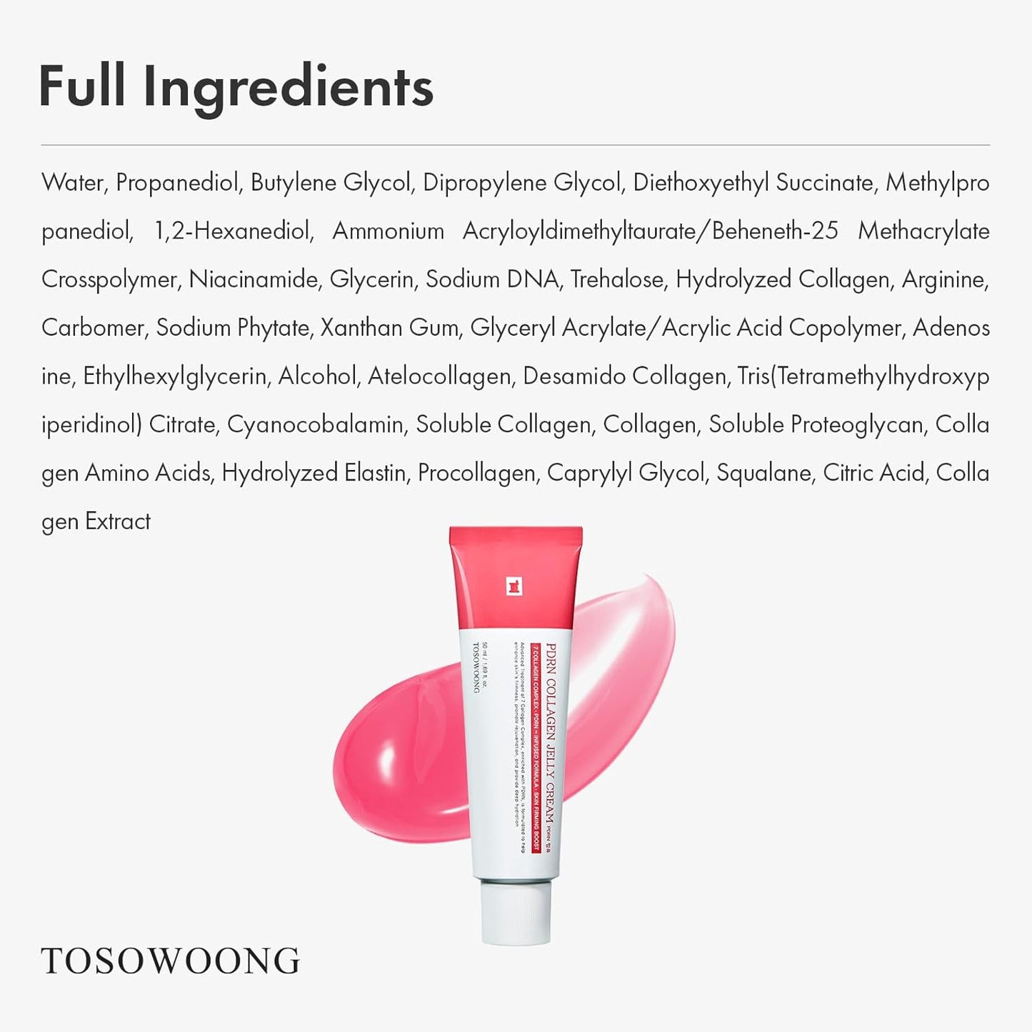 PDRN Collagen Jelly Cream, 5,000ppm Salmon DNA PDRN, Niacinamide, Hydrolyzed Collagen, Glow, Hydrating, Firming, Uneven Skin Tone, No artificial color, Korean Skin Care, 50ml, 1.69 fl.oz.