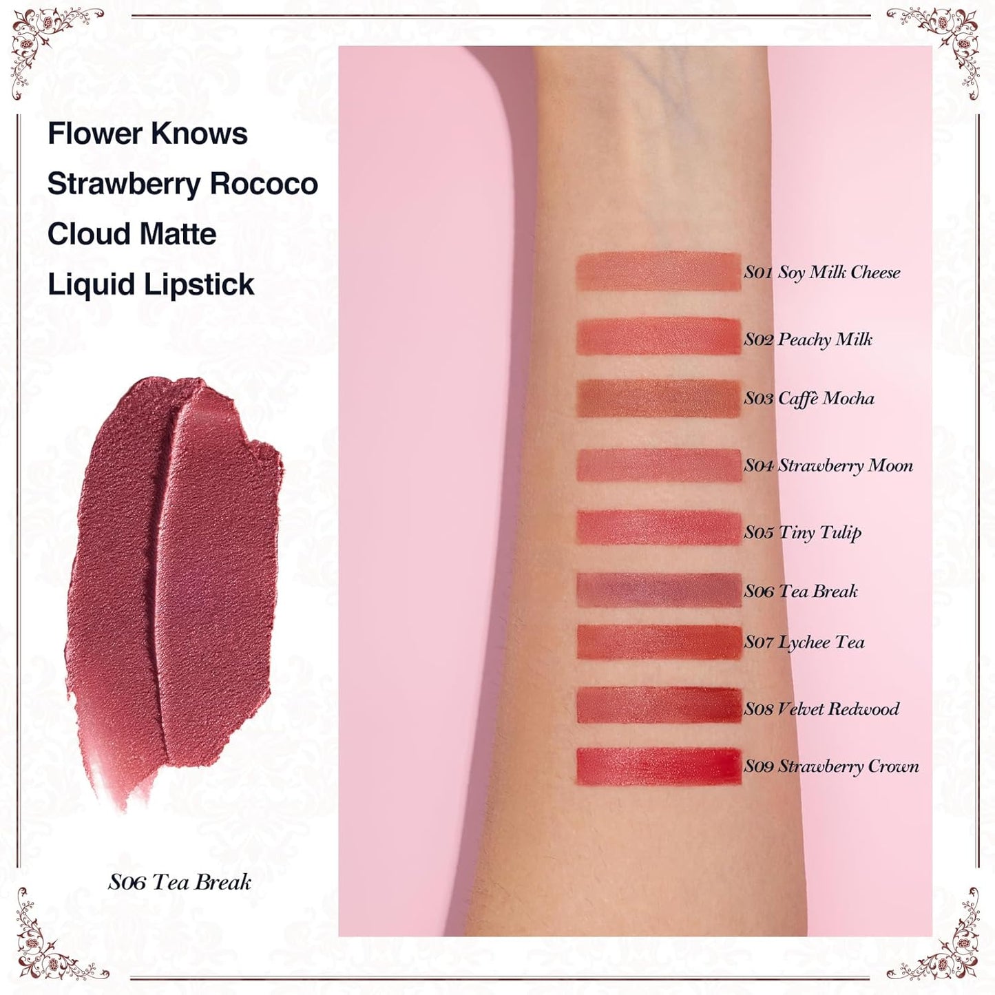 Flower Knows Strawberry Rococo Cloud Lip Cream,Velvety Matte Liquid Lipstick,Pink Lipstick,Long Lasting Lip Stain,Kiss-proof Blurred Lipstick for Girls&Women,0.12 Fl Oz(S06 Tea Break)