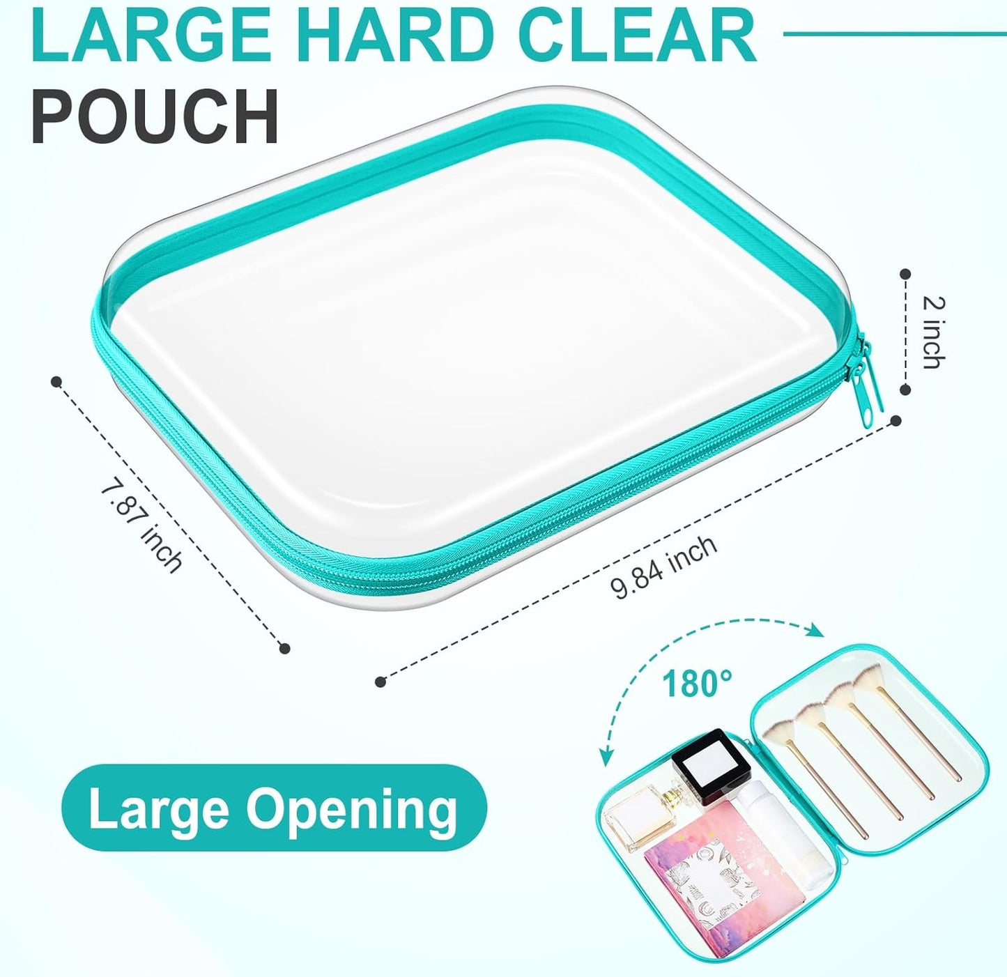 Sanwuta 6 Pcs Clear Hard Zipper Case Pencil Pouches Hard Plastic Zipper Pouches Makeup Bag Transparent Cases for Snacks Plastic Storage Organizer Box for Travel(Teal,9.84 x 7.87 x 2 Inch)