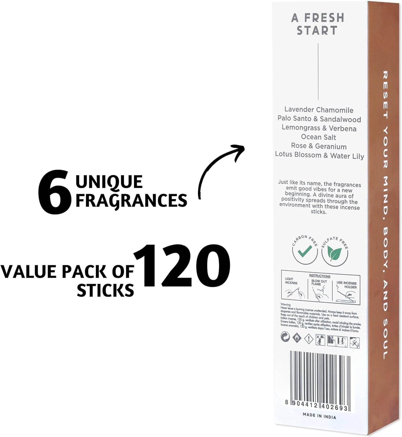 Folkulture Incense Sticks | Set of 6 (120 Sticks) Non Toxic Palo Santo Insence-Sticks | 45 Mins Burn Time | Sandalwood Incenses, Lemongrass, Rose Geranium | Organic Inscents-Sticks for Home