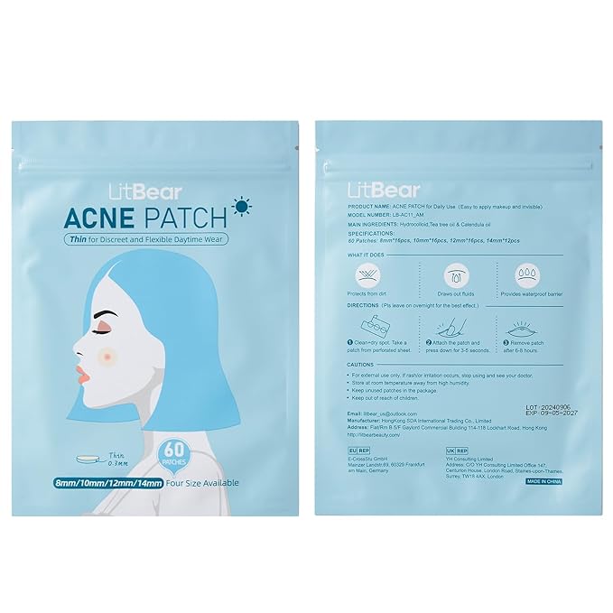 LitBear Acne Pimple Patches- Day and Night 4 Sizes 180 Dots Thin & Thick Hydrocolloid Patches with Witch Hazel, Tea Tree & Calendula Oil, Extra Adhesion for Face Zit Patch Dots (Pack of 2)