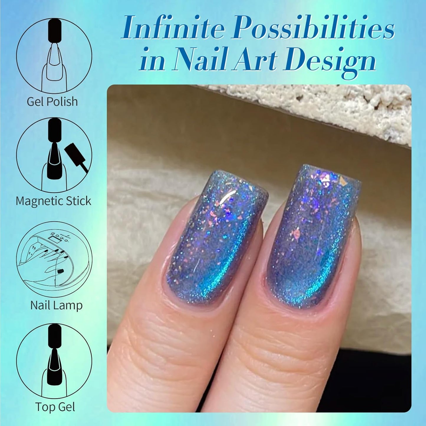 BORN PRETTY Blue Cat Magnetic Eye Gel Nail Polish Shimmer Glitter Holographic Aurora Blue Magnetic Gel Polish Nail Art Manicure DIY at Home 15ML
