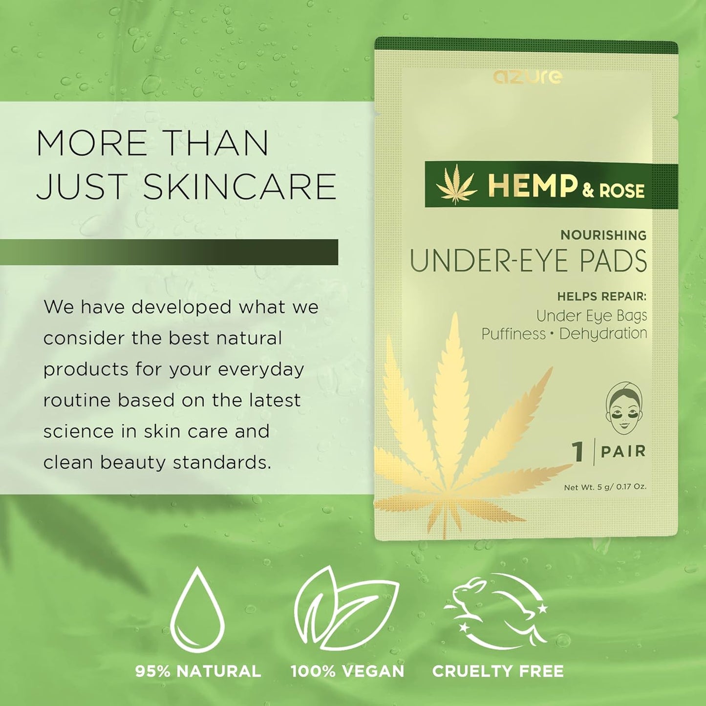 AZURE Hemp & Rose Nourishing Under Eye Pads - Toning, Hydrating & Anti Aging Eye Mask Patches - Reduces Fine Lines, Wrinkles, Dark Circles & Puffiness - Skin Care Made in Korea - 5 Pairs